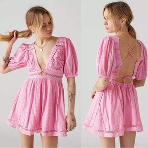 Urban Outfitters Pink Puff Sleeve Eyelet Dress - Medium